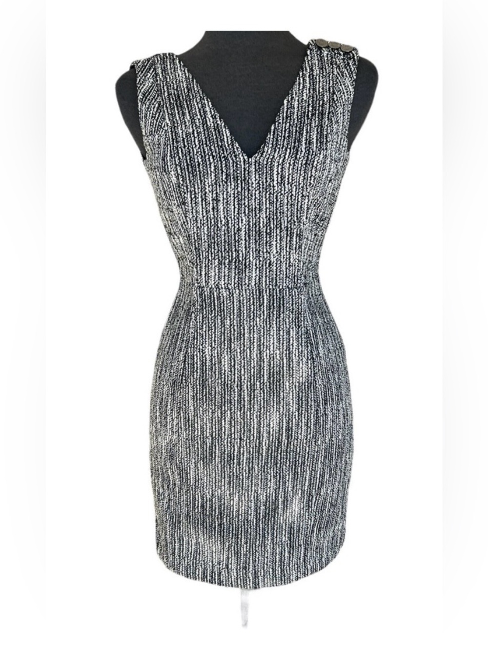 White House Black Market Tweed Sheath Dress Womens Medium Black White V-Neck